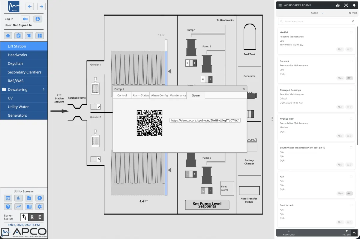 OCore QR code scanning interface showing equipment details