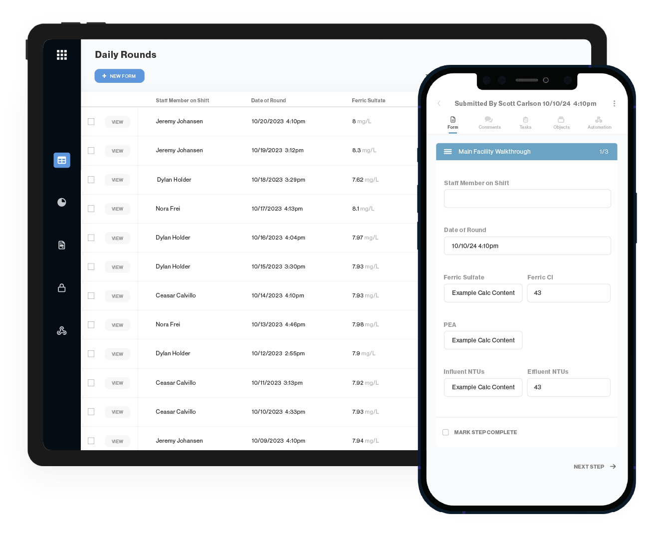 OCore daily rounds log on a tablet beside a facility walkthrough form on a phone